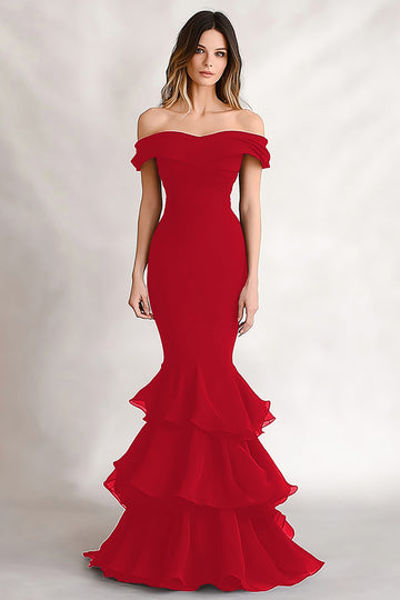 Red Satin Off the Shoulder Mermaid Tiered Long Formal Dress